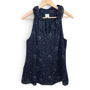 CAbi Womens Size Large L Floral Ruffle V Neck Sleeveless Blouse Navy 3984